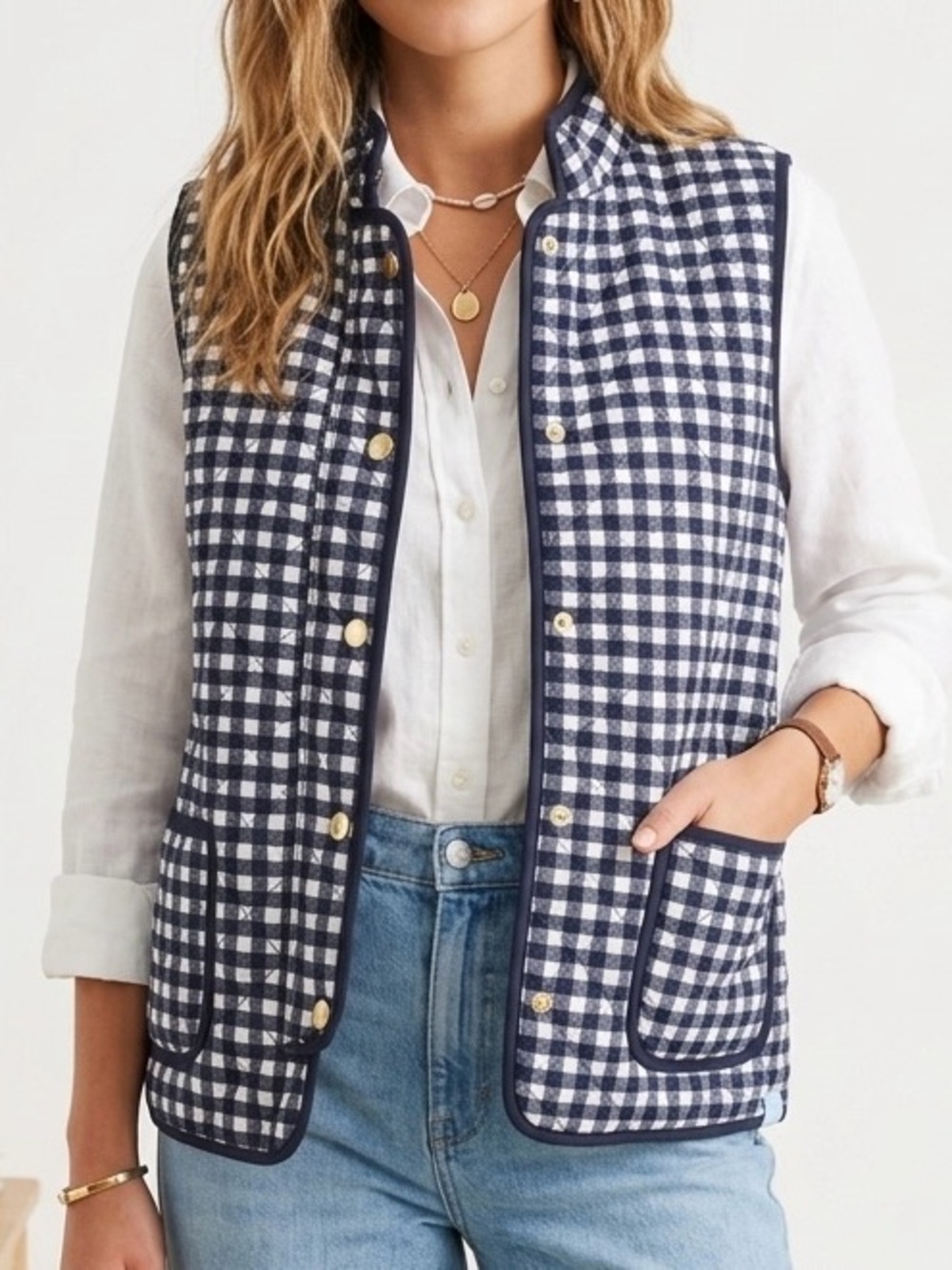 Draper James RSVP Reversible Quilted Puffer Vest M Gingham Blue Prep